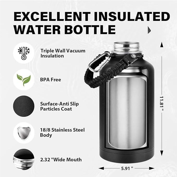 One Gallon Insulated Water Bottle, Triple Wall 128 oz Stainless Steel Wide - Image 4
