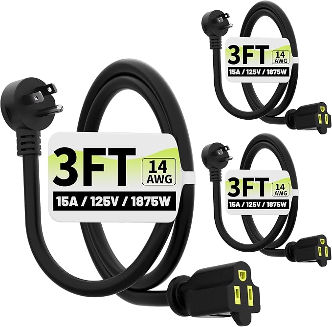 Vockjour 3 FT 3 Pack Black Low Profile Flat Plug 14 Gauge Heavy Duty Extension by Vockjour