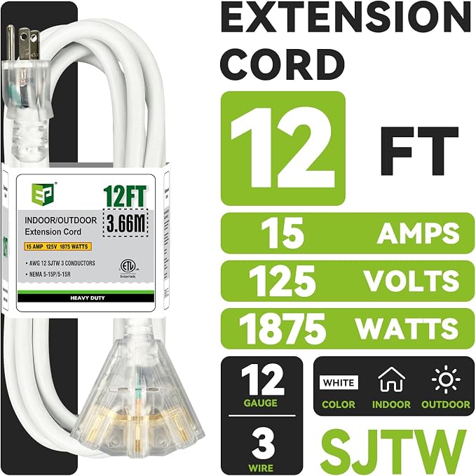 EP 12FT 12 Gauge Heavy Duty Extension Cord, 15A 125V 1875W, 3 Outlet - Image 2