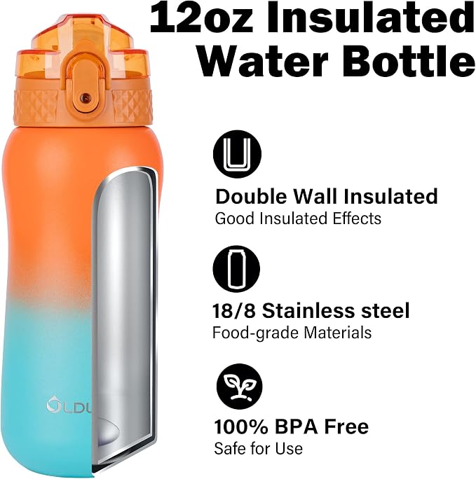 OLDLEY Insulated Kids Water Bottle 12oz, Stainless Steel, Double Wall, - Image 4