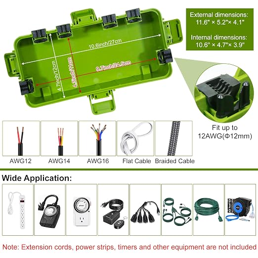 Medium Outdoor Electrical Box, IP54 Waterproof Extension Cord Cover w/ 6 Cable - Image 5