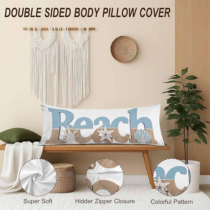 Beach Body Pillow Cover, Decorative Body Pillow Covers Ocean Starfish Seashells - Image 4