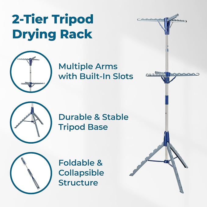 Honey-Can-Do 2-Tier 73-Inch Collapsible Tripod Drying Rack, Heavy Duty Chrome - Image 3