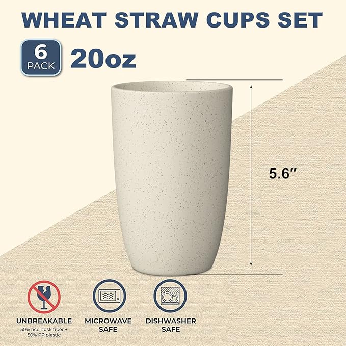 Wrova Wheat Straw Cups 6 PCS Good Alternative to Plastic Reusable Cups 20 oz - Image 2