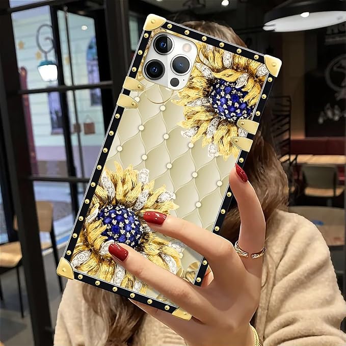 Compatible with iPhone 12 12 Pro Case, Sunflower Diamonds Leather Luxury Golden - Image 6