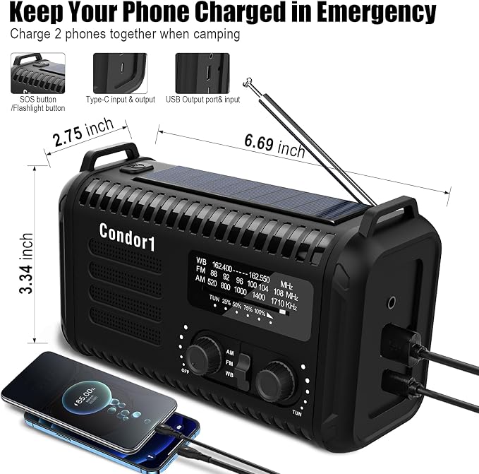 NOAA Weather Radio 20000mAh Battery Powered｜Solar Hand Crank Emergency Radio - Image 4