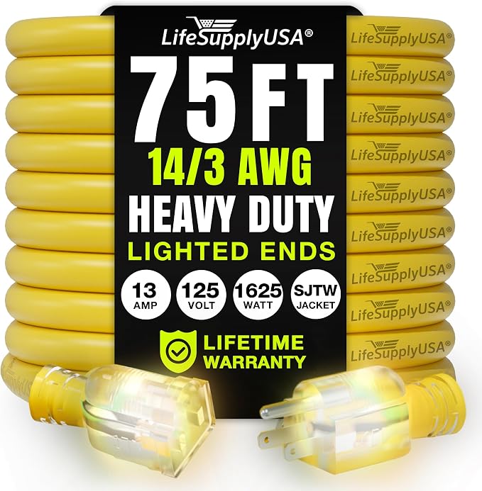 75ft Outdoor/Indoor Extension Cord 14/3 Gauge Heavy Duty 3 Prong SJTW, by LifeSupplyUSA