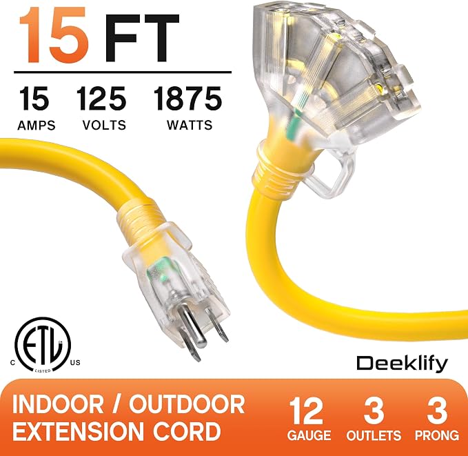 15ft 12 Gauge Heavy Duty 3 Outlet Extension Cord Splitter - Image 2