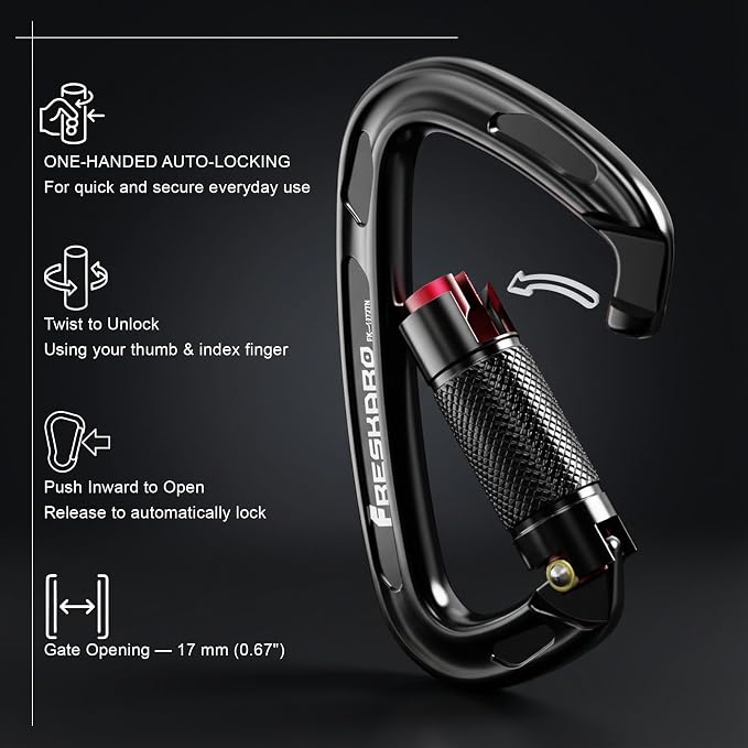 FresKaro UIAA Certified 25KN Auto Locking Climbing Carabiner Clips, Twist Lock - Image 3