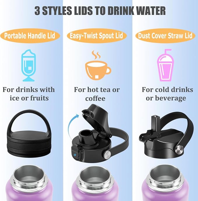 Water Bottle Insulated 32oz 40oz 64oz 128oz Straw Lid Spout Lid & 3 Lids - Image 5