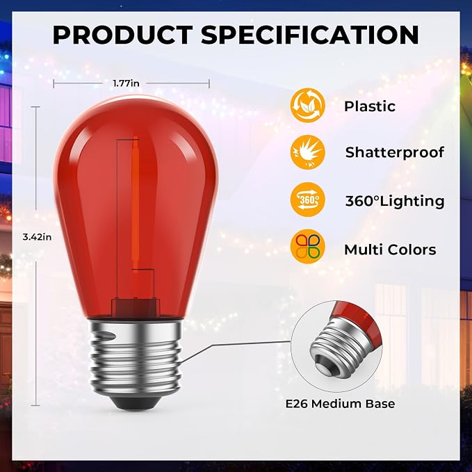GvvooHome 24 Pack S14 Colored LED String Light Bulbs, 1W Plastic Shatterproof - Image 5