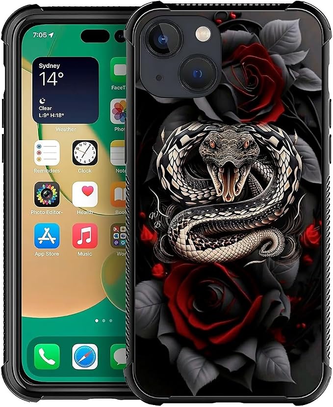 for iPhone 14 Plus Case, Entwined Rose Snake Pattern Graphic Design Girl Boy by FKBRCL4U