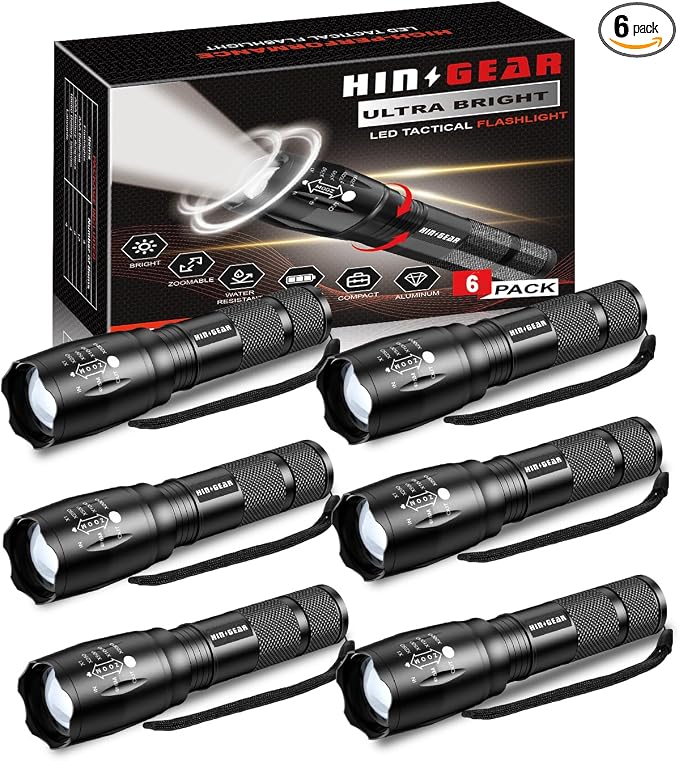 1 Mode Flashlights 6 Pack, Bright Zoomable LED Tactical Flashlight High Lumens by HINSGEAR