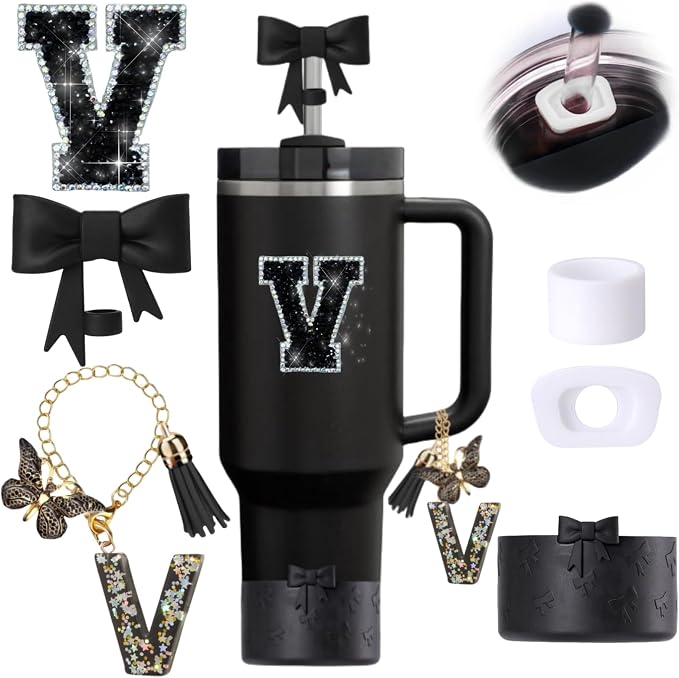 6pcs Black Stanley Cup Accessories Set, Bow Straw Topper by MOTEERLLU