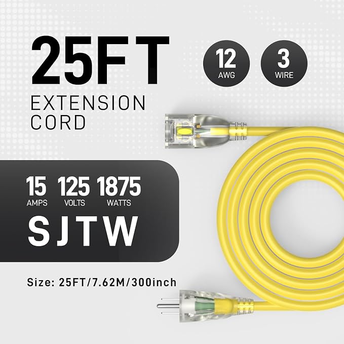 25FT 12/3 Gauge Heavy Duty Outdoor Extension Cord Waterproof, Weatherproof - Image 2