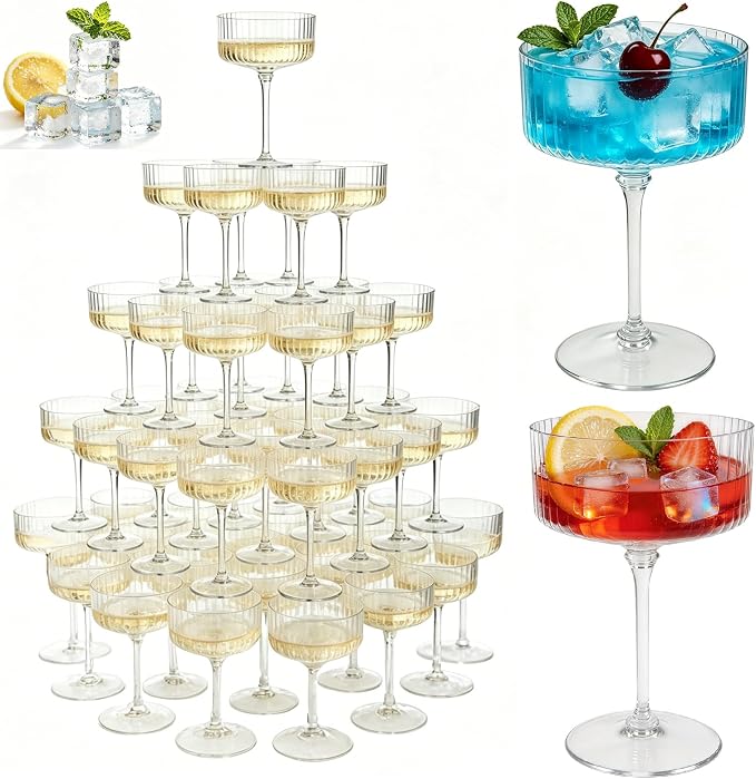 PLULON 36 Pcs Clear Martini Glasses Set 10 Oz Plastic Ribbed Coupe Glass by PLULON