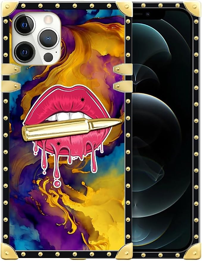 Compatible with iPhone 12 12 Pro Case, Cool Corlorful Lip Marble Luxury Golden by Unknown