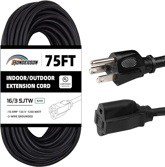 75FT Outdoor Extension Cord-16/3 SJTW Durable Black Extension Cable by HONDERSON