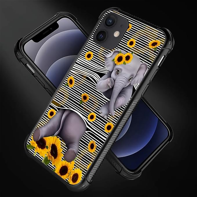 for iPhone 12 Mini Case, Cute Little Elephant Sunflower White Line Art Pattern - Image 6