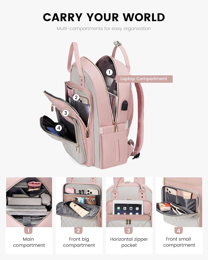 LOVEVOOK Laptop Backpack, D-Pink-Grey, 15.6in Laptop Compartment, 26L Capacity - Image 2