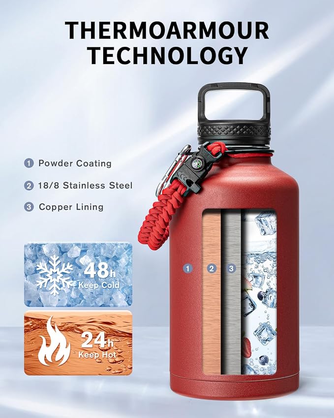 Trebo Water Bottle 64oz with Paracord Handle, Half Gallon Large Vacuum Triple - Image 2