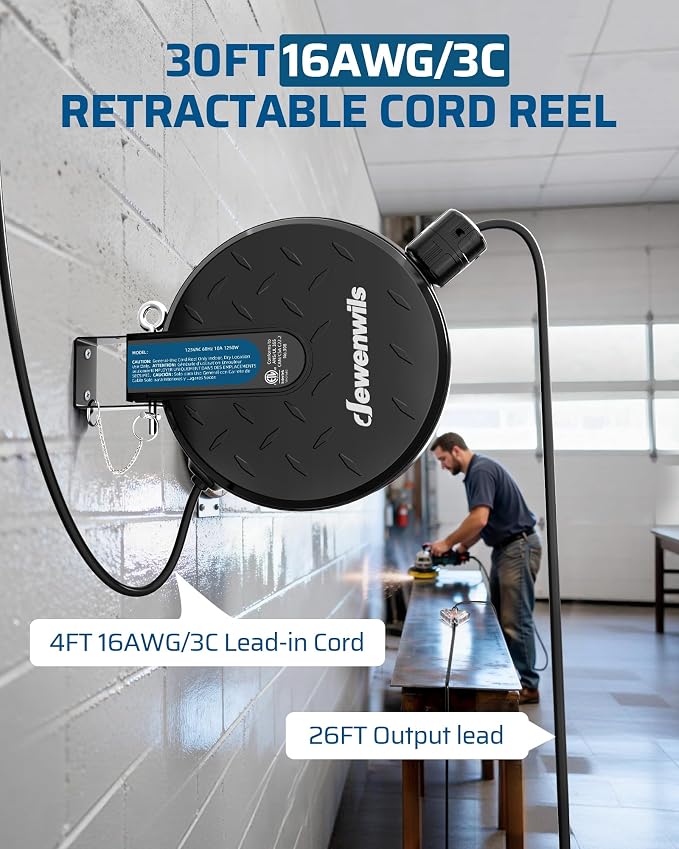 DEWENWILS 30FT Retractable Extension Cord Reel, Ceiling/Wall Mount 16/3 SJTW - Image 2