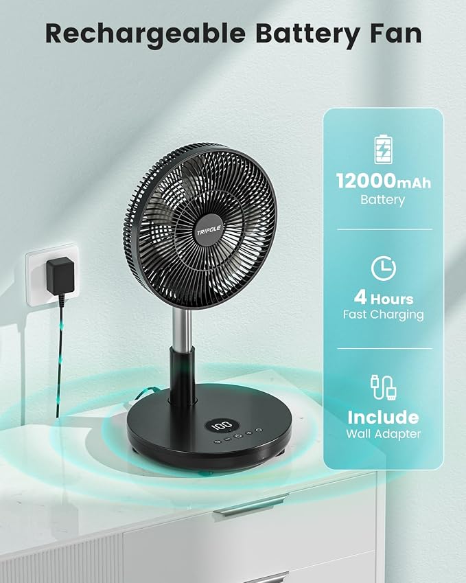 TriPole Foldable Standing Fan 12" Portable Rechargeable Battery Pedestal Fan - Image 3