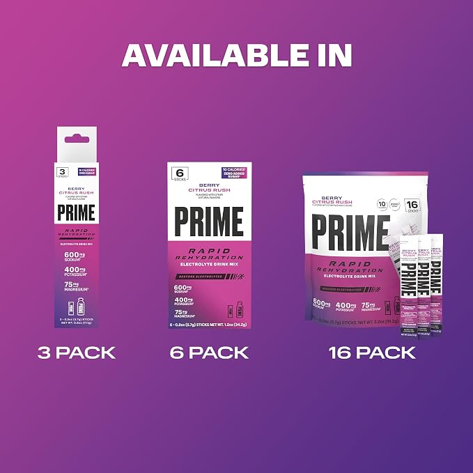 PRIME Rapid Rehydration Electrolyte Powder Sticks, Berry Citrus Rush, Sugar - Image 9