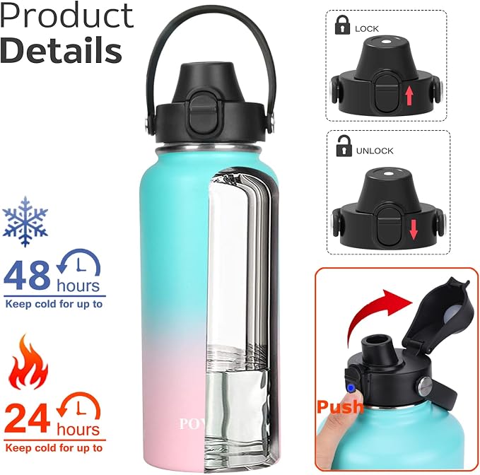 Water Bottle Insulated 32oz 40oz 64oz 128oz Straw Lid Spout Lid & 3 Lids - Image 2