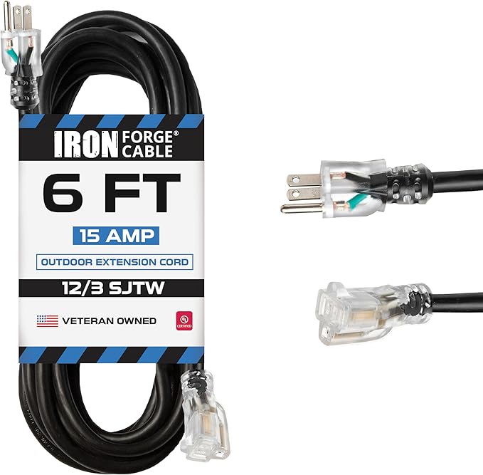 Iron Forge Cable 12 Gauge Outdoor Extension Cord 6 Ft, SJTW 12/3 Heavy Duty by IronForgeCable