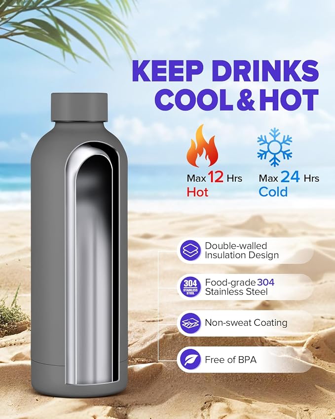 Insulated Water Bottle with Lid, 17 oz Reusable Leak-Proof Metal Stainless - Image 2