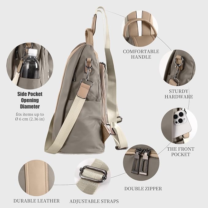 PINCNEL Women Khaki Medium Backpack Purse Waterproof Nylon Anti-theft Rucksack - Image 5