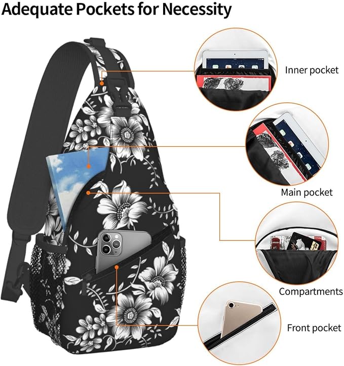Black White Flowers Crossbody Sling Bag - Image 3