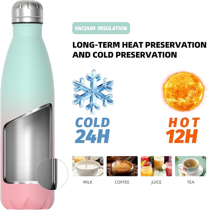 WATERSY Stainless Steel Water Bottle, 17oz/500ml Insulated Pink Bottle Keeps - Image 2