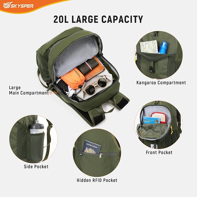 SKYSPER Small Hiking Backpack for Men Women 20L RFID Packable Daypack - Image 3