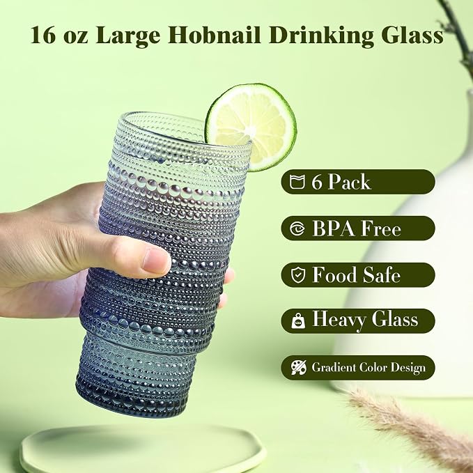 Large Capacity 16 oz Hobnail Drinking Glasses Set of 6, Vintage Glassware - Image 2