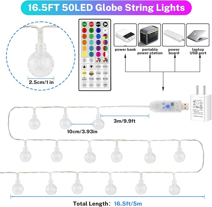 OMIKA Color Changing Indoor String Light USB Plug, 16.5ft 50 LEDs Crystal Globe - Image 6