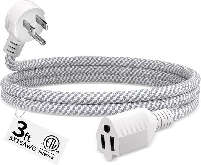 16 Gauge Braided Extension Cord 3 FT, 16/3 Flat Plug Power Cord Indoor by Seeklyze