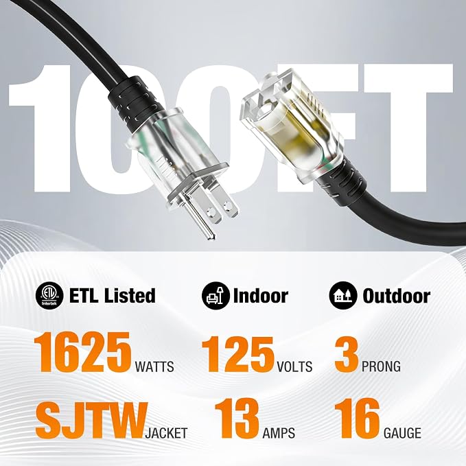 100 FT Outdoor Extension Cord Waterproof, 16/3 Gauge Heavy Duty 3 Prong Power - Image 2