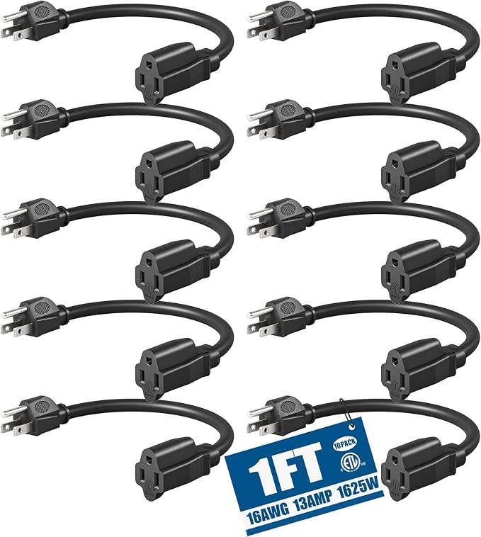 DEWENWILS 10Pack Short Extension Cord, 1 Foot Power Cord, 16 AWG SJTW by DEWENWILS