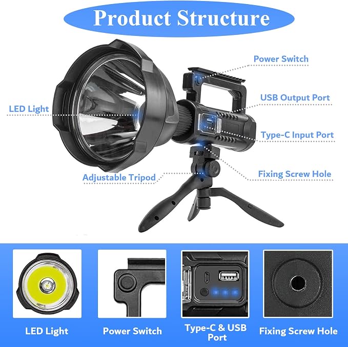 Rechargeable Spotlight, 000L High Lumens Led Spot Lights Outdoor Handheld Super - Image 6