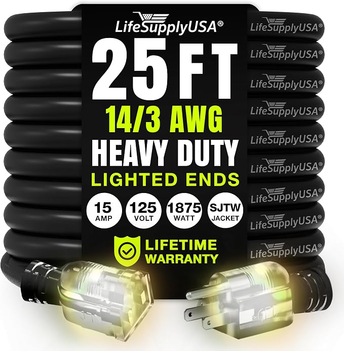 25ft Outdoor/Indoor Extension Cord 14/3 Gauge Heavy Duty 3 Prong SJTW, by LifeSupplyUSA
