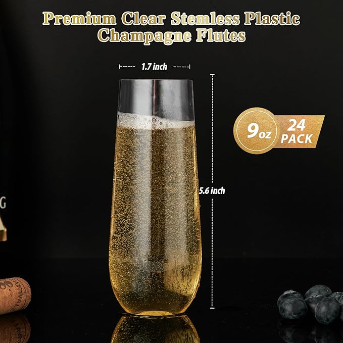 FOCUSLINE 24 Pack 9 Oz Clear Plastic Champagne Flutes, Stemless Plastic - Image 5