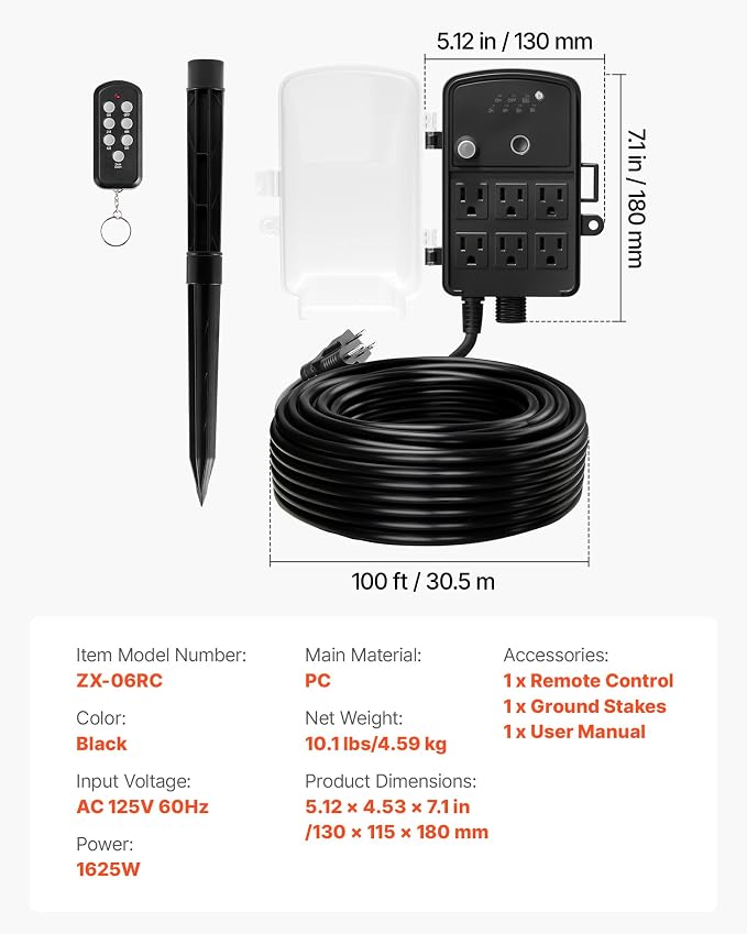 VEVOR Outdoor Power Stake Timer, 100FT Extension Cord, Remote Control Outdoor - Image 7