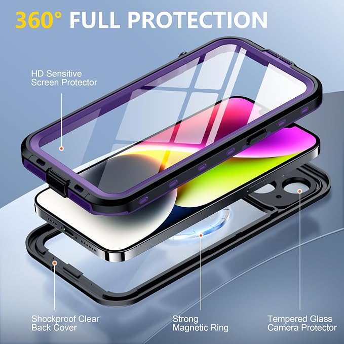 Red2Fire for iPhone 14 Case Waterproof, Phone Case 6.1" Purple/Clear - Image 5