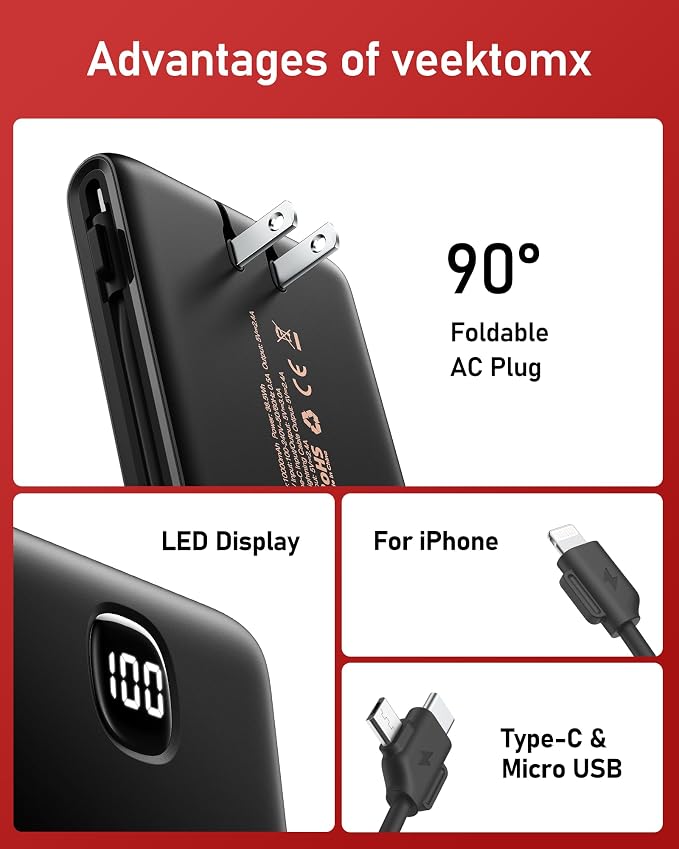 VEEKTOMX Portable Charger with Built in Cables 10000mAh, Power Bank - Image 8