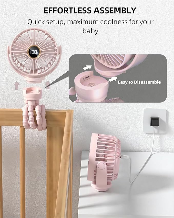 Portable Stroller Mini Fan, Small Rechargeable Personal Cooler w/ 360° Rotation - Image 6