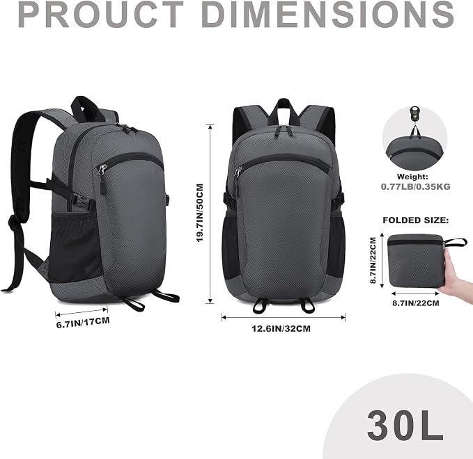 Lightweight Hiking Backpack 30L Packable Foldable Daypack Collapsible Travel - Image 7
