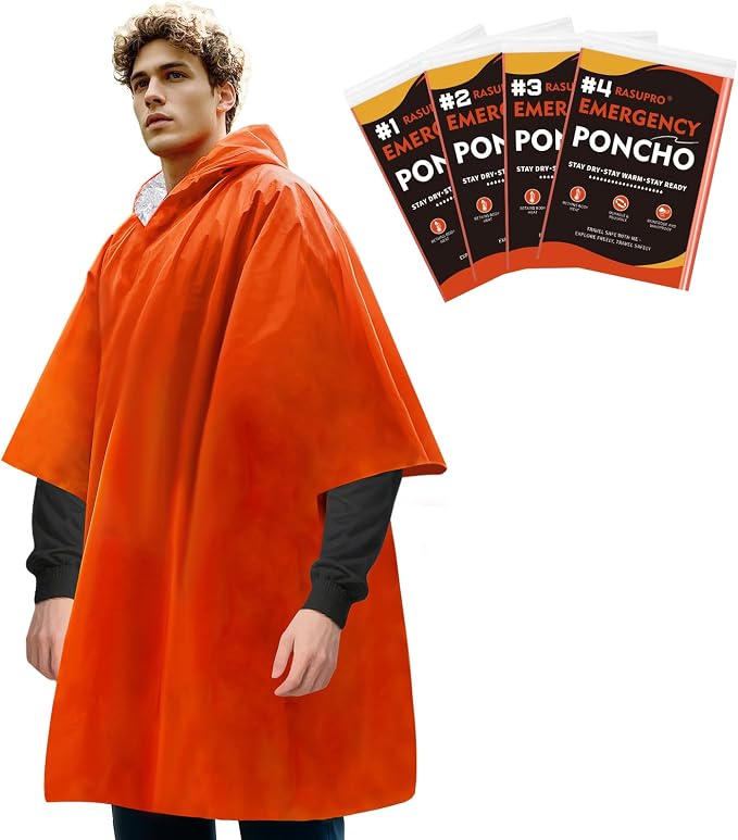 4 Pack Emergency Ponchos with Thickened Mylar Blanket Lining, Waterproof by Rasupro
