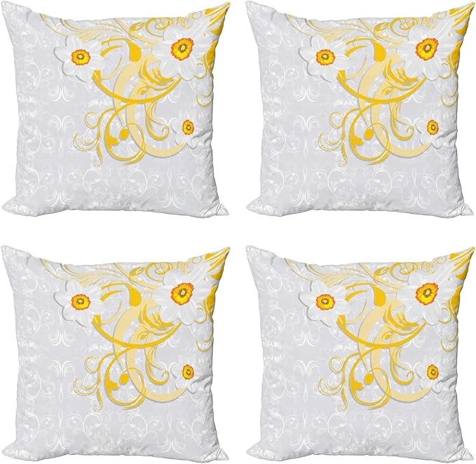 Ambesonne Daffodil Throw Pillow Cushion Case Pack of 4, Daffodils on Ornate by Ambesonne